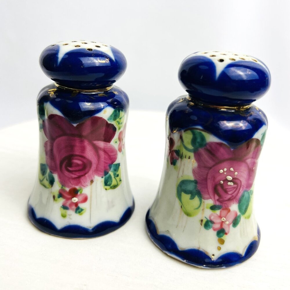 Antique Salt & Pepper Shakers Nippon Cobalt Blue Hand Painted Pink Floral Japan